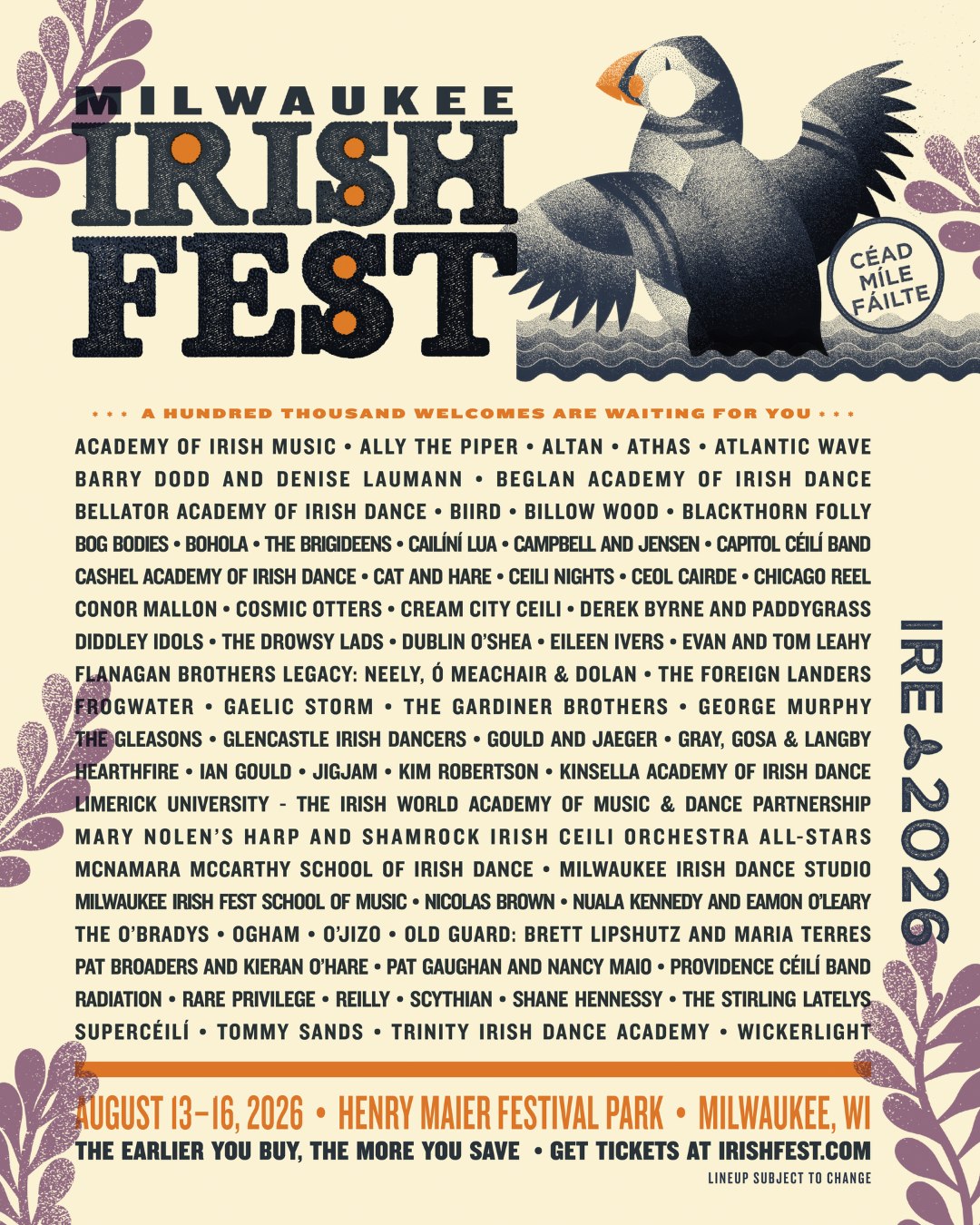 Milwaukee Irish Fest 2026 band lineup poster